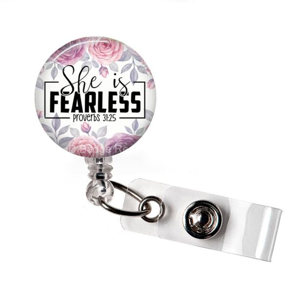 She Is Fearless Proverbs 31:25 Retractable Badge Reel | Christian ID Holder - Picture 1 of 5